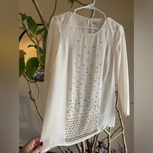 Broadway & Broome 100% silk Sheer Cream Long Sleeve Blouse golden embroidery